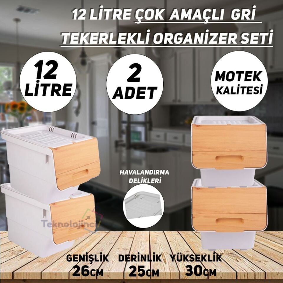 Technow Motek 12 Litre Bambu Desen Tekerlekli Tekli Organizer 2 Adet