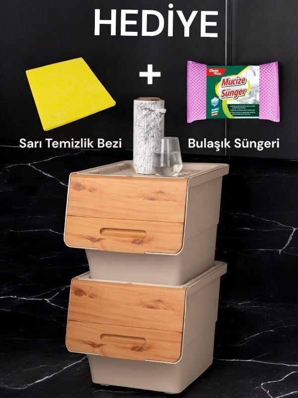 Technow Motek 12 Litre Bambu Desen Tekerlekli Tekli Organizer 2 Adet