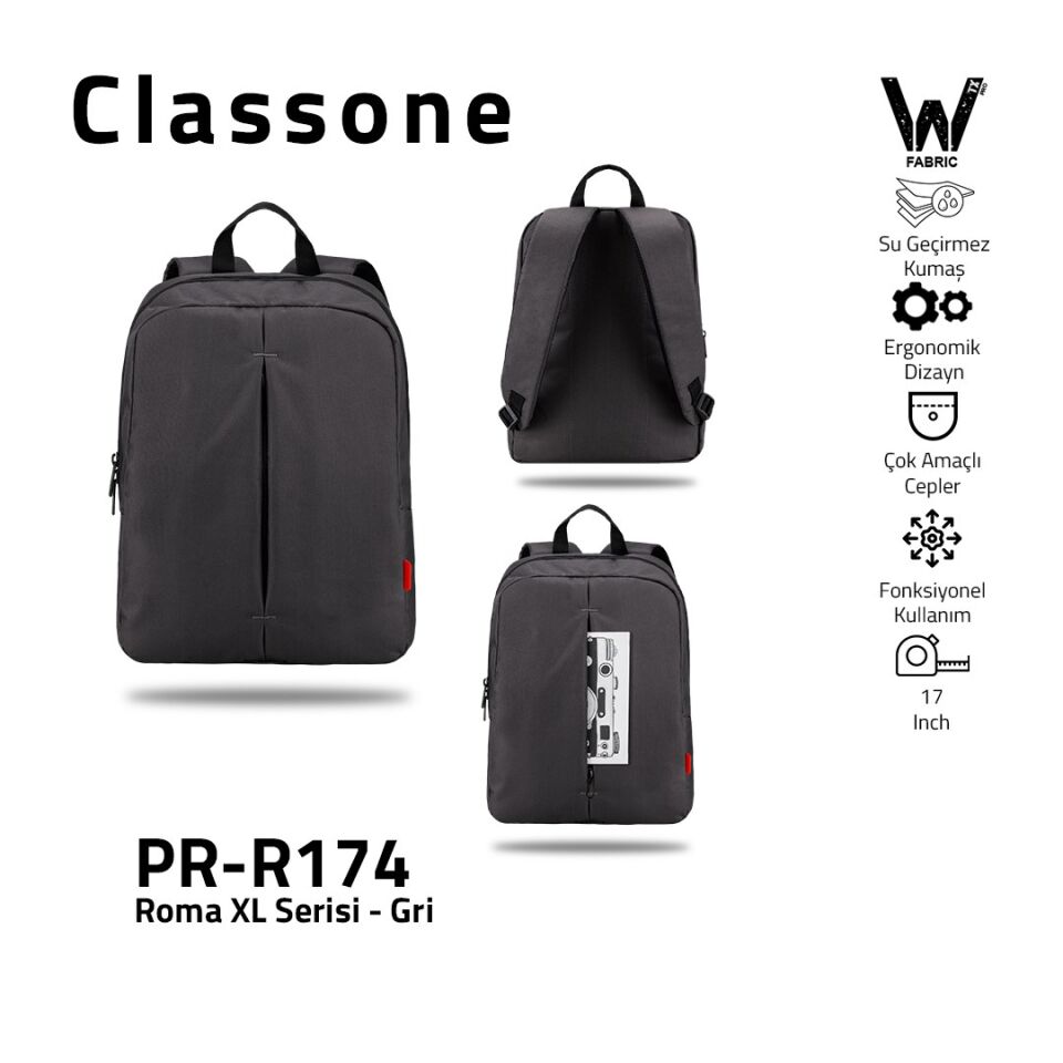 Classone PR-R174 Roma Serisi Su Geçirmez Kumaş 17''Laptop Sırt Çantası