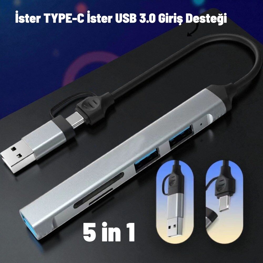 Technow USB 3.0/USB 2.0/SD/TF Girişli 5 in 1 Tip-C Çevirici Adaptörü