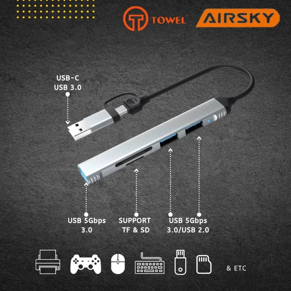Technow USB 3.0/USB 2.0/SD/TF Girişli 5 in 1 Tip-C Çevirici Adaptörü