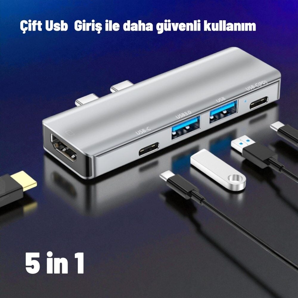 Technow 5 in 1 Çift USB-C / Type-C-USB HUB Çevirici Adaptör