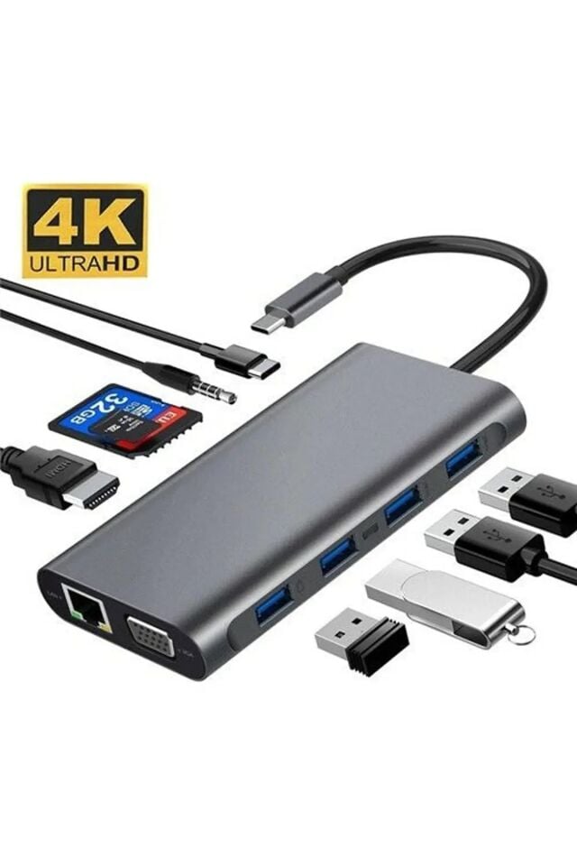 Technow Type-c To Hdmı Rj45 Type-c Sd Kart Usb 3.0 X 2 Vga Macbook 11 in 1 Çevirici Adaptör