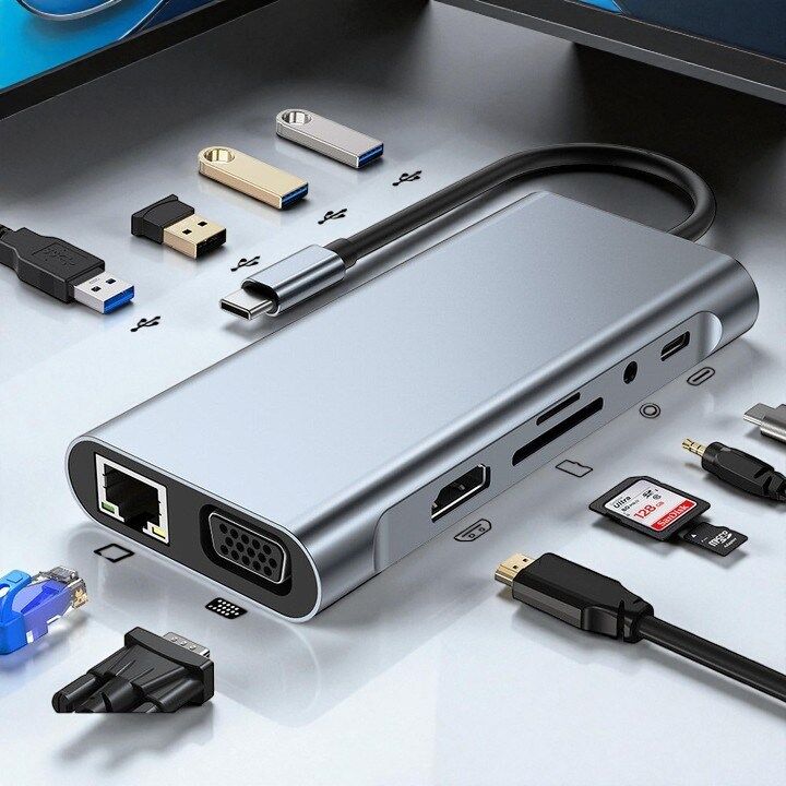 Technow Type-c To Hdmı Rj45 Type-c Sd Kart Usb 3.0 X 2 Vga Macbook 11 in 1 Çevirici Adaptör