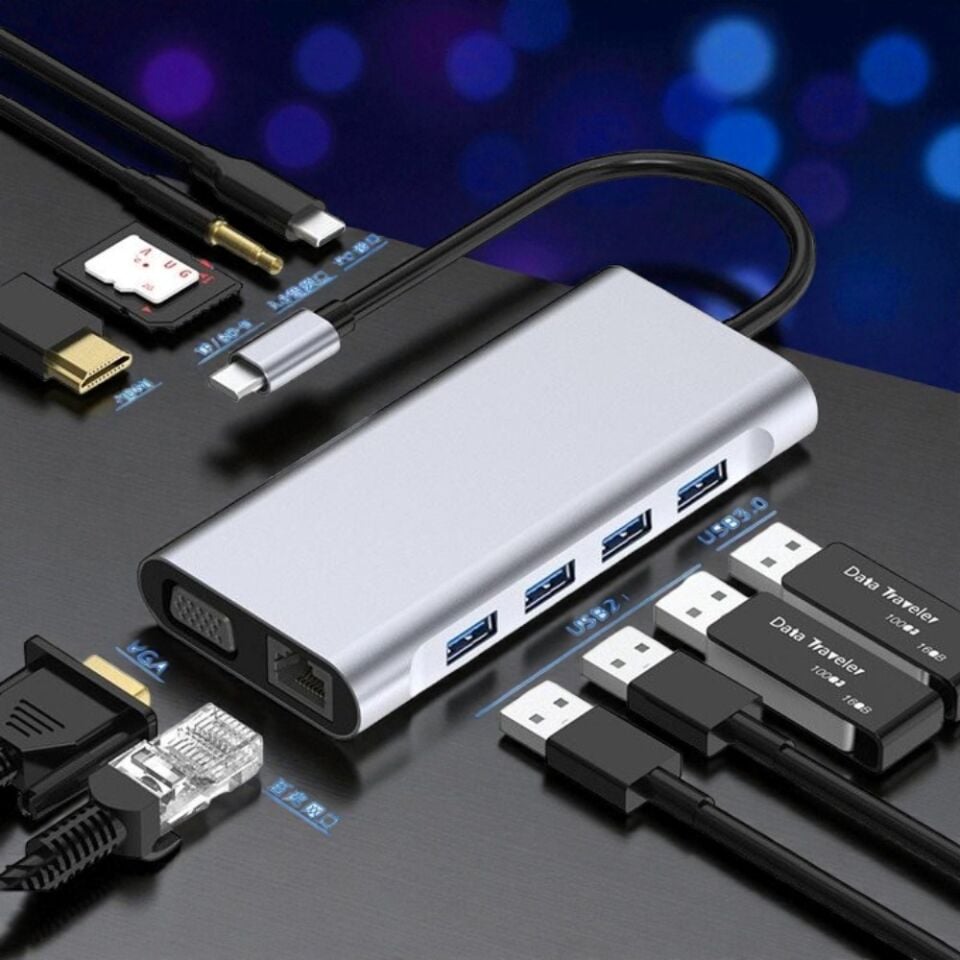 Technow Type-c To Hdmı Rj45 Type-c Sd Kart Usb 3.0 X 2 Vga Macbook 11 in 1 Çevirici Adaptör