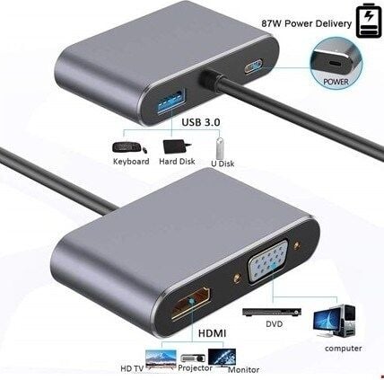 Technow CF02 Macbook Uyumlu Type-C™ To 4K Ultra Hd 1080p Hdmı/ Vga/ Pd Şarj/ USB 3.0 4IN1 Çevirici