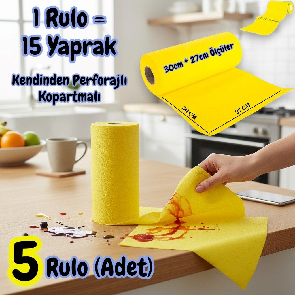 Technow Softtex 15 Kesimli Sarı Kopar Kullan Rulo Temizlik Bezi 27x30 Cm 5 Adet