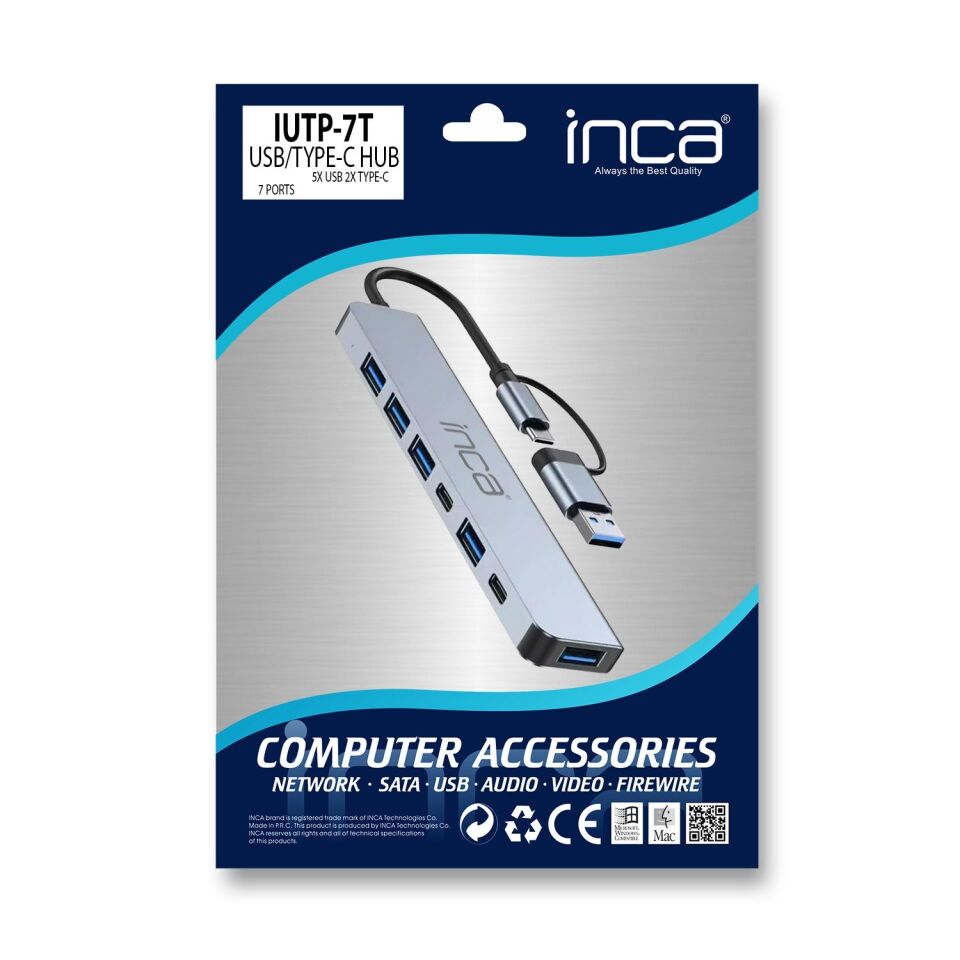 Inca IUTP-7T USB 3.0 + 4x USB 2.0 100W Çoklayıcı Çevirici