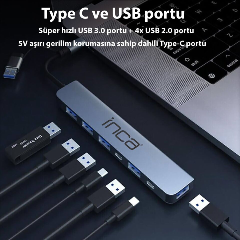 Inca IUTP-7T USB 3.0 + 4x USB 2.0 100W Çoklayıcı Çevirici