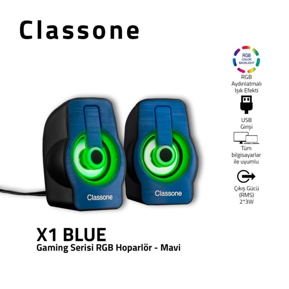 Classone X1 Black Rgb Işıklı  Gaming  Usb Hoparlör Mavi Speaker