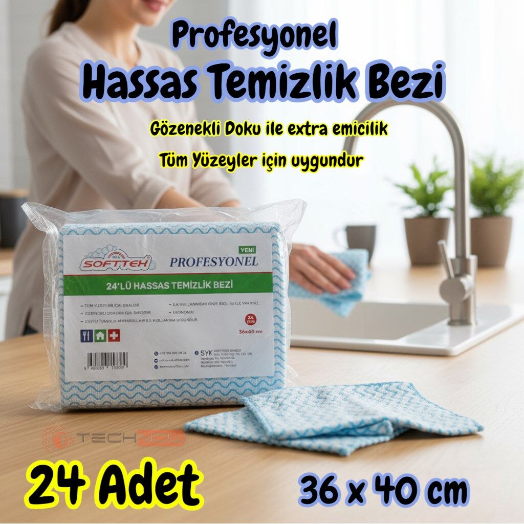 Technow Softtex Profesyonel Süper Emici Hassas Büyük Boy 36x40cm Temizlik Bezi 24'lü