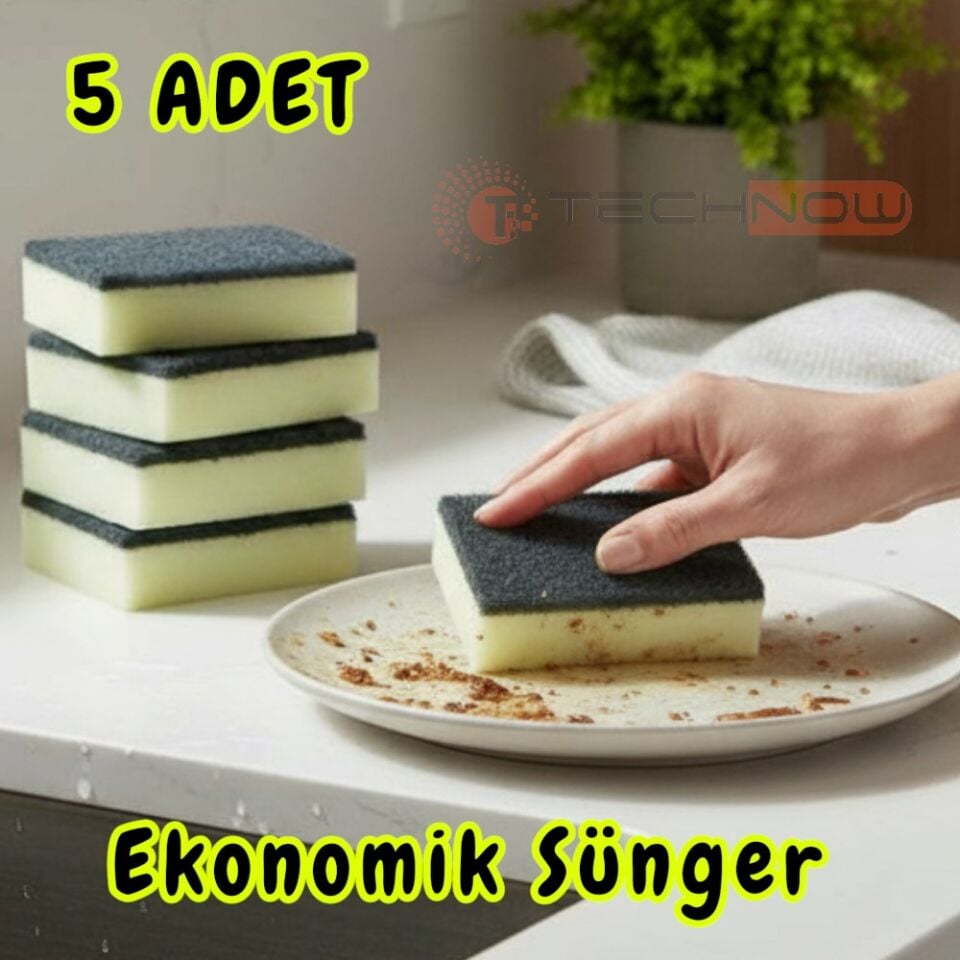 Technow Klasir Ekonomik 9 x 7 cm Sarı Siyah Düz Bulaşık Süngeri 5 Adet