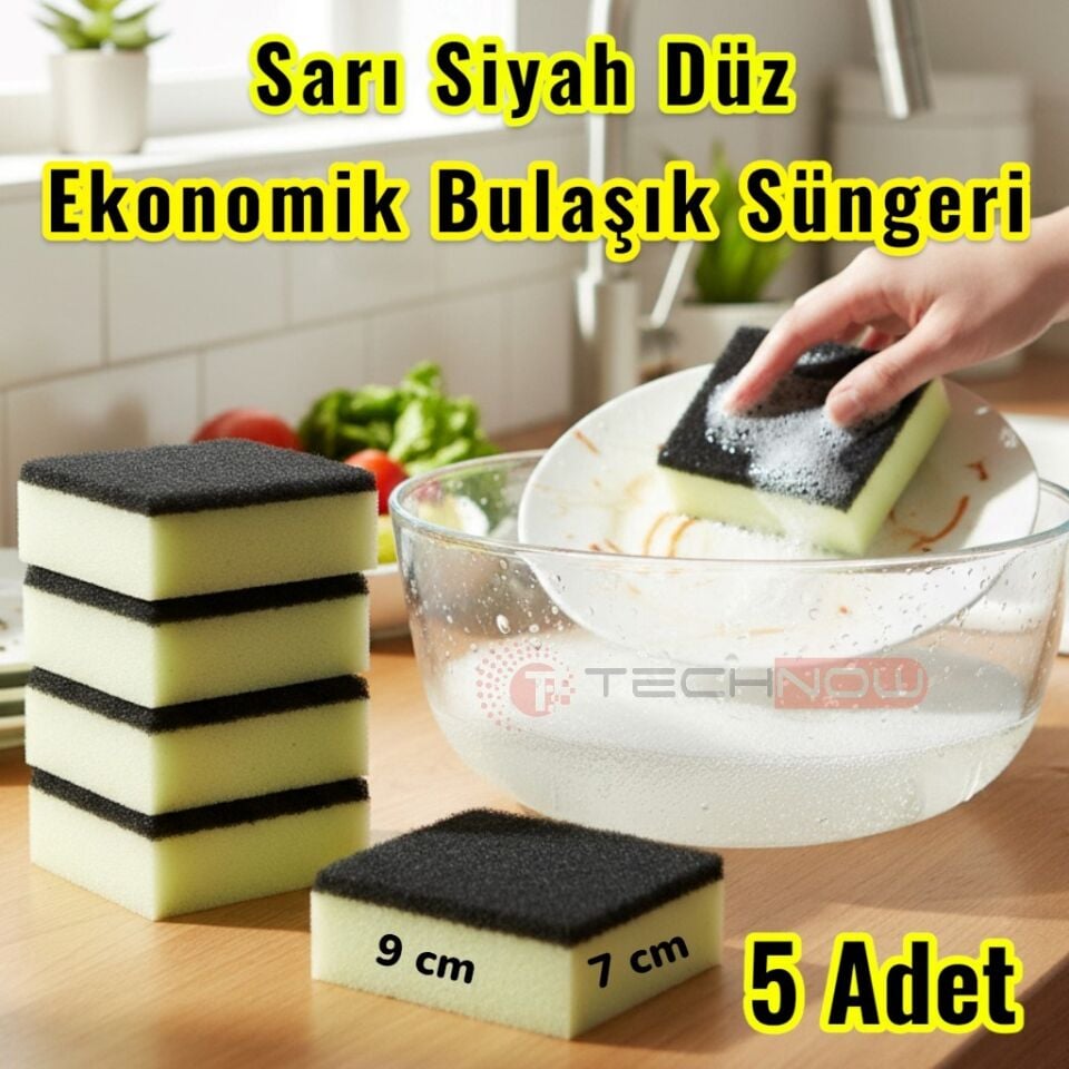 Technow Klasir Ekonomik 9 x 7 cm Sarı Siyah Düz Bulaşık Süngeri 5 Adet