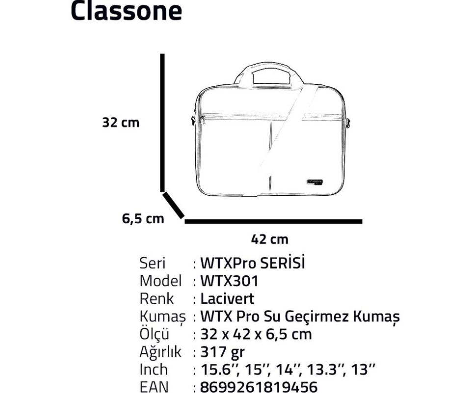 Classone WTX301 Wtxpro15.6 Inch Su Geçirmez Kumaş Macbook Laptop Notebook El Çantası
