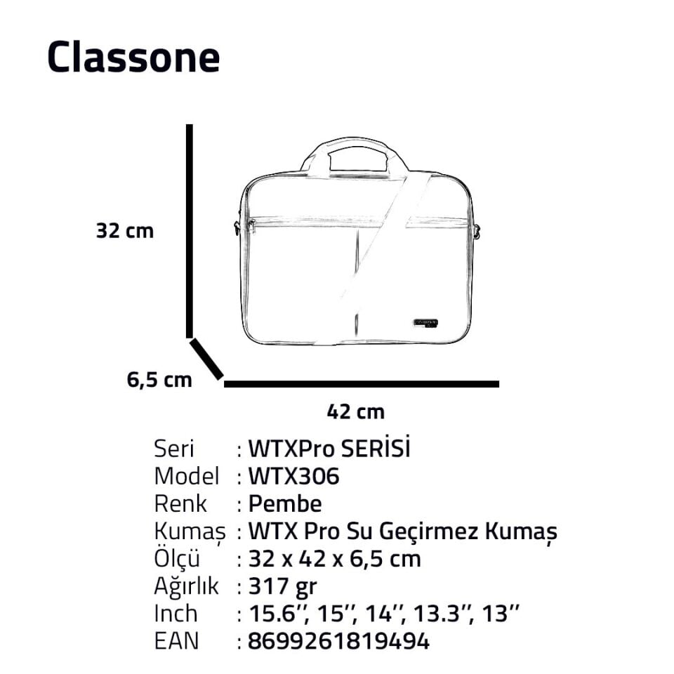 Classone WTX306 Wtxpro15.6 Inch Su Geçirmez Kumaş Macbook Laptop Notebook El Çantası
