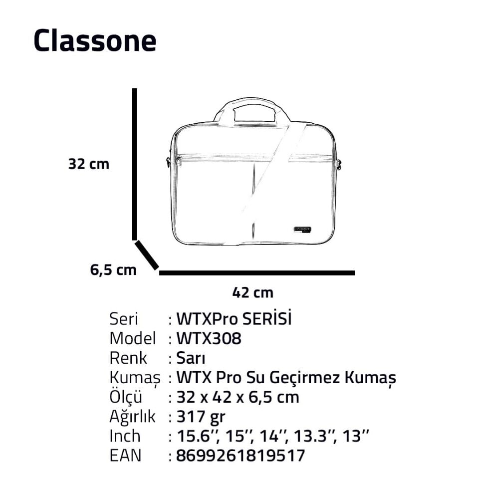 Classone WTX308 Wtxpro15.6 Inch Su Geçirmez Kumaş Macbook Laptop Notebook El Çantası