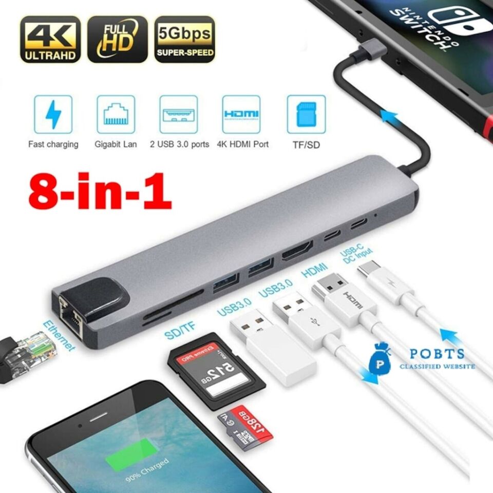 Technow 8in1 4K Type C USB 3.0 Hub HDMI RJ45 SDTF Adaptörü