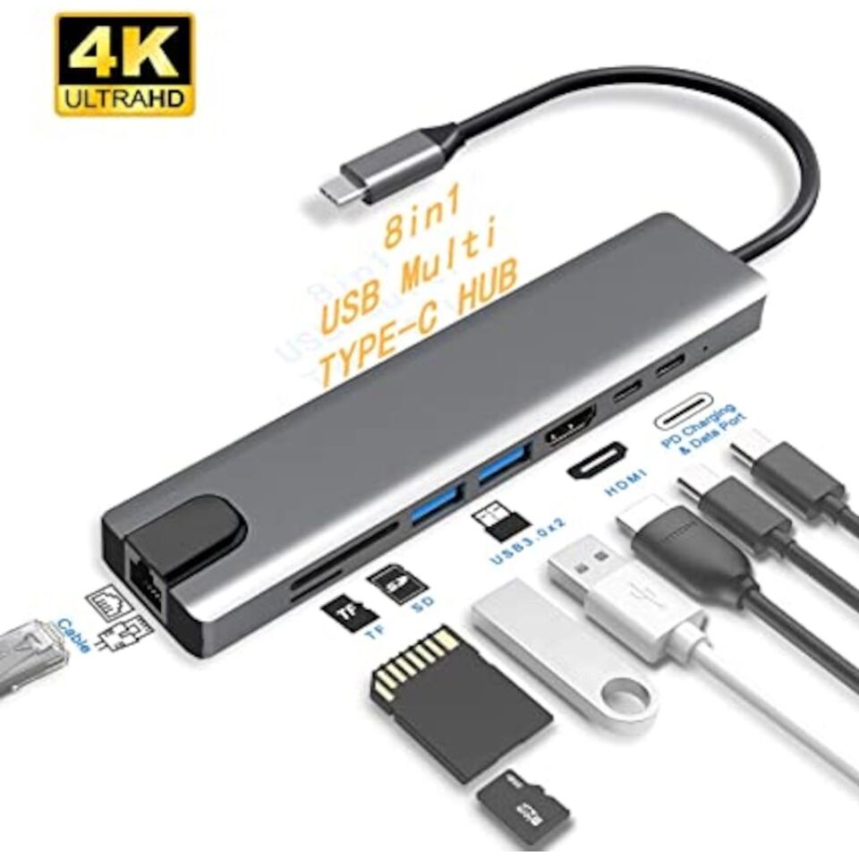 Technow 8in1 4K Type C USB 3.0 Hub HDMI RJ45 SDTF Adaptörü