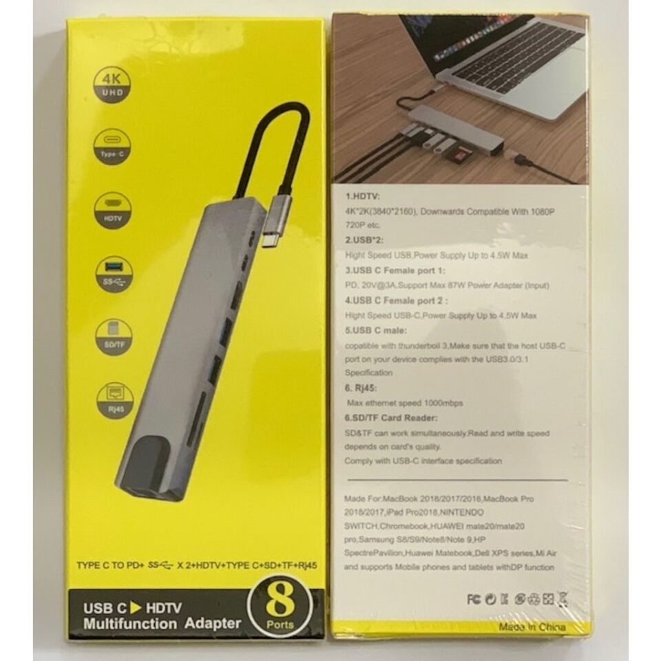 Technow 8in1 4K Type C USB 3.0 Hub HDMI RJ45 SDTF Adaptörü