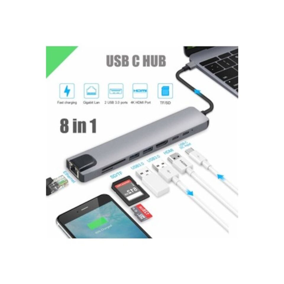 Technow 8in1 4K Type C USB 3.0 Hub HDMI RJ45 SDTF Adaptörü