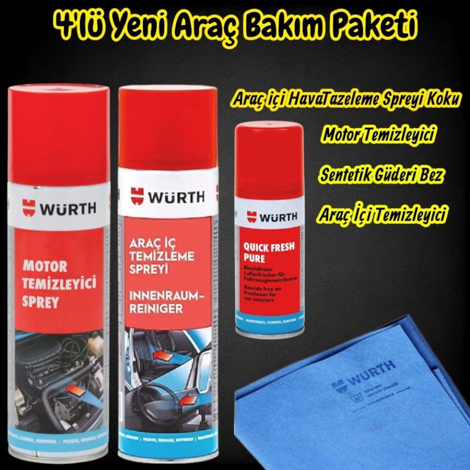 Würth Yeni Araç (Motor Temizleme,Araç İçi,Quick Fresh,Bez) Bakım Paketi 4'lü