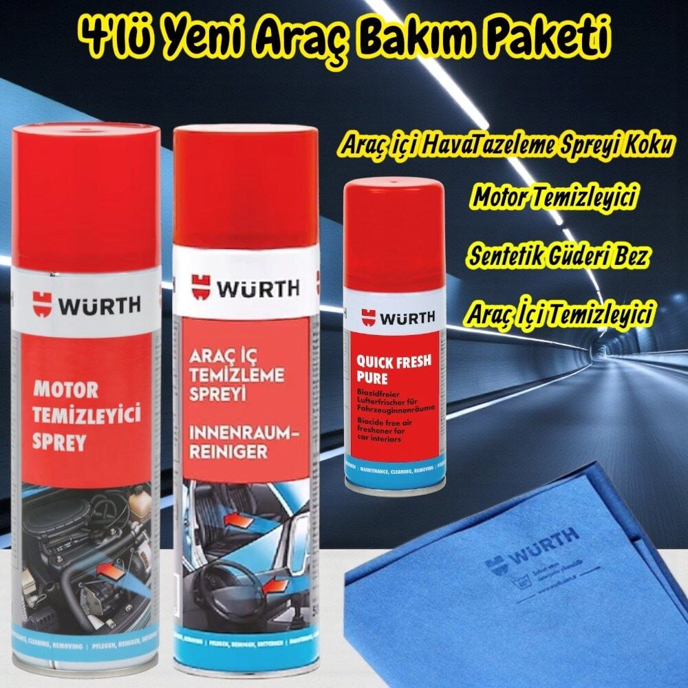 Würth Yeni Araç (Motor Temizleme,Araç İçi,Quick Fresh,Bez) Bakım Paketi 4'lü
