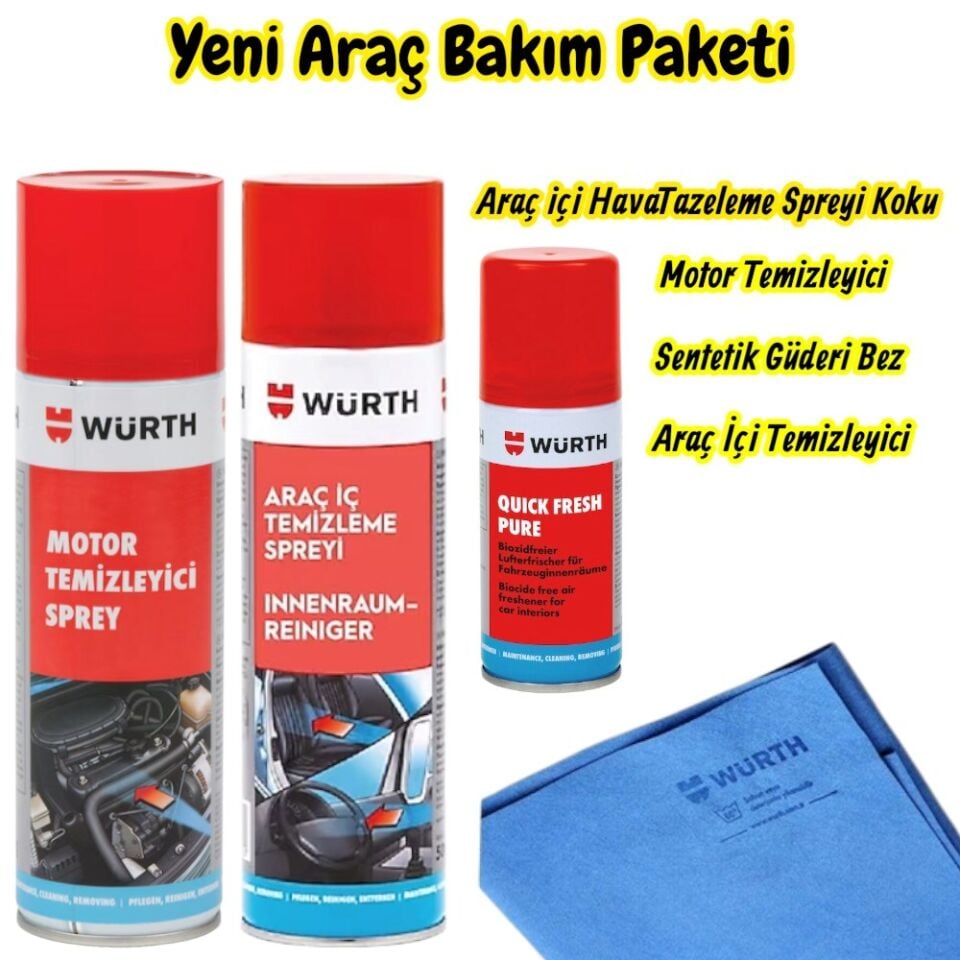 Würth Yeni Araç (Motor Temizleme,Araç İçi,Quick Fresh,Bez) Bakım Paketi 4'lü