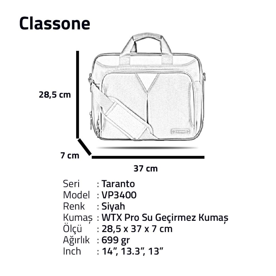 Classone Taranto Serisi VP3400 14 inch WTXpro Su Geçirmez Laptop El Çantası Siyah