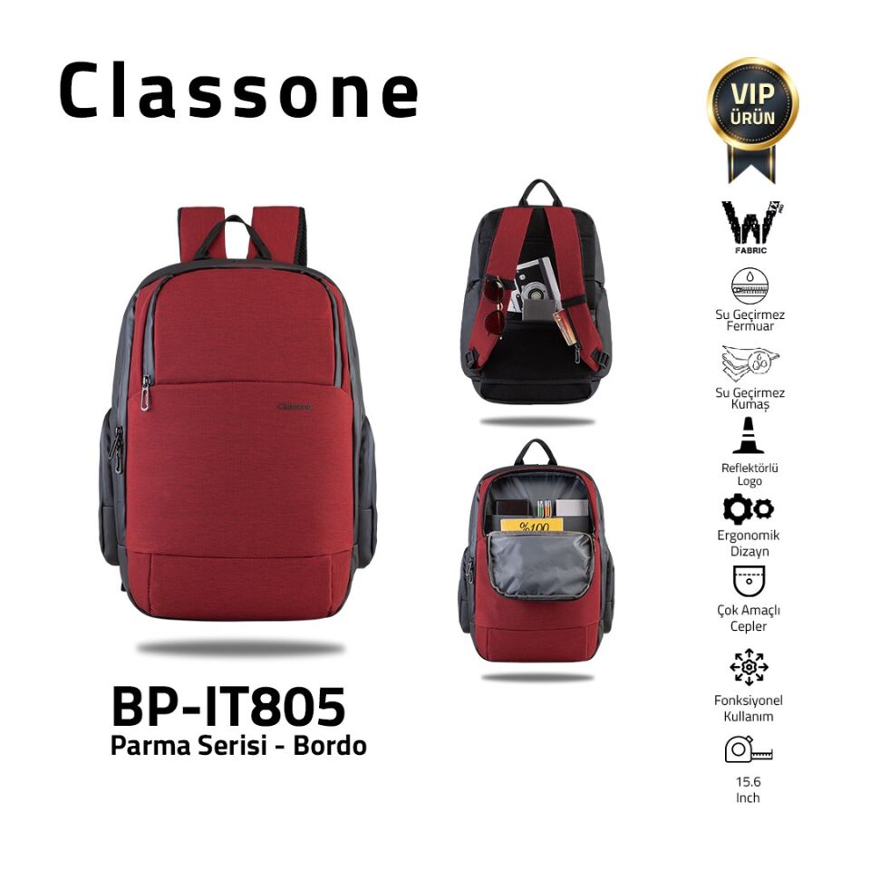 Classone BP-IT805 Parma Serisi WTXpro Su Geçirmez Kumaş 15.6” Sırt Çantası-Siyah