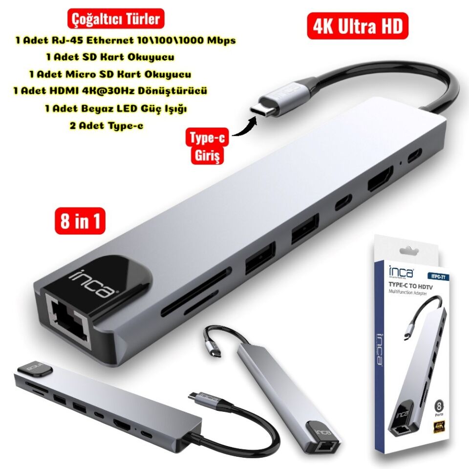 Technow 8 in1 4K Ultra HD Type C USB 3.0 Hub HDMI RJ45 SDTF Adaptör Çoklayıcı