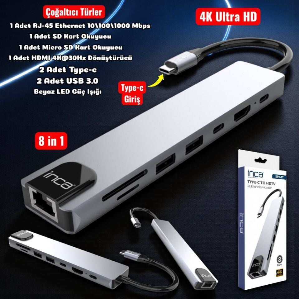 Technow 8 in1 4K Ultra HD Type C USB 3.0 Hub HDMI RJ45 SDTF Adaptör Çoklayıcı