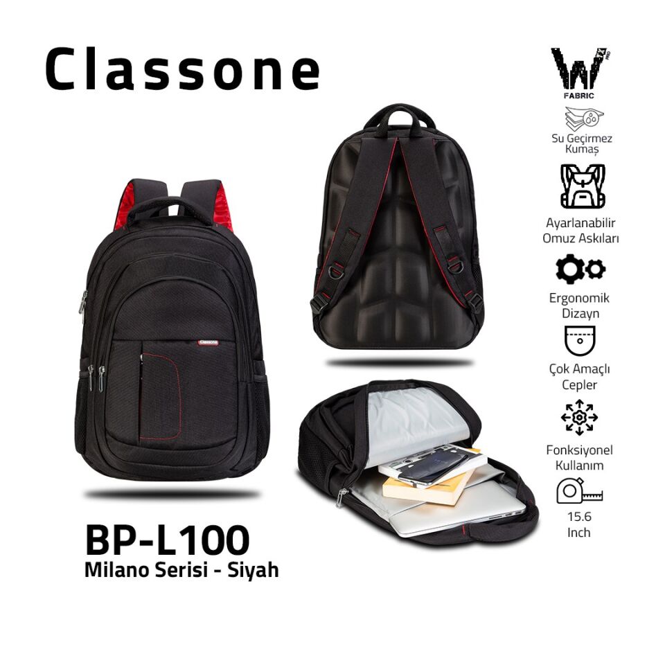 Classone BP-L100 Milano Serisi WTXpro Su Geçirmez Kumaş 15,6'' Uyumlu Laptop Notebook Çantası