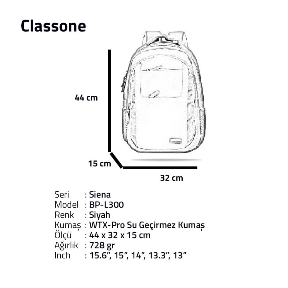 Classone BP-L300 Siena Serisi WTXpro Su Geçirmez Kumaş 15,6'' Uyumlu Laptop, Notebook Çantası