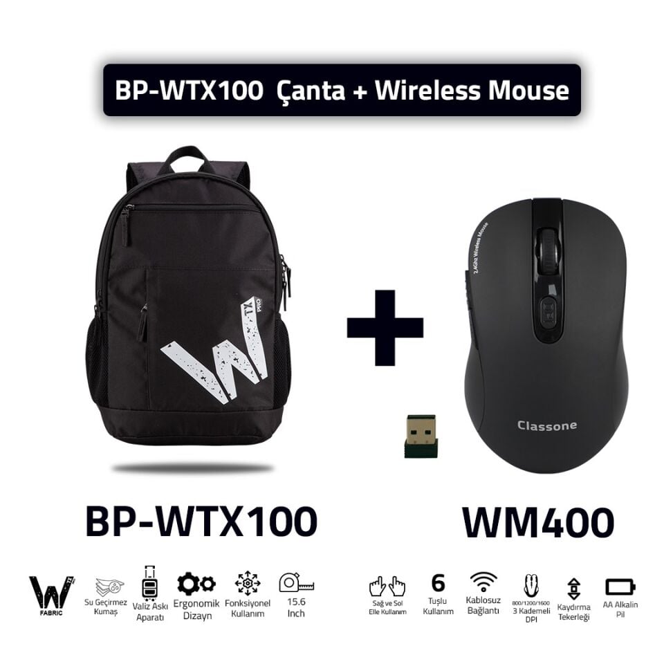 Classone BP-WTX100 Wtxpro Su Geçirmez Kumaş 15.6'' Laptop Notebook Sırt Çantası + Kablosuz Mouse