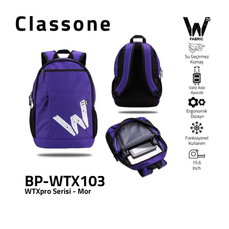 Classone BP-WTX103 Energy Serisi 15.6''Su Geçirmez Kumaş Laptop, Notebook Sırt Çantası Mor