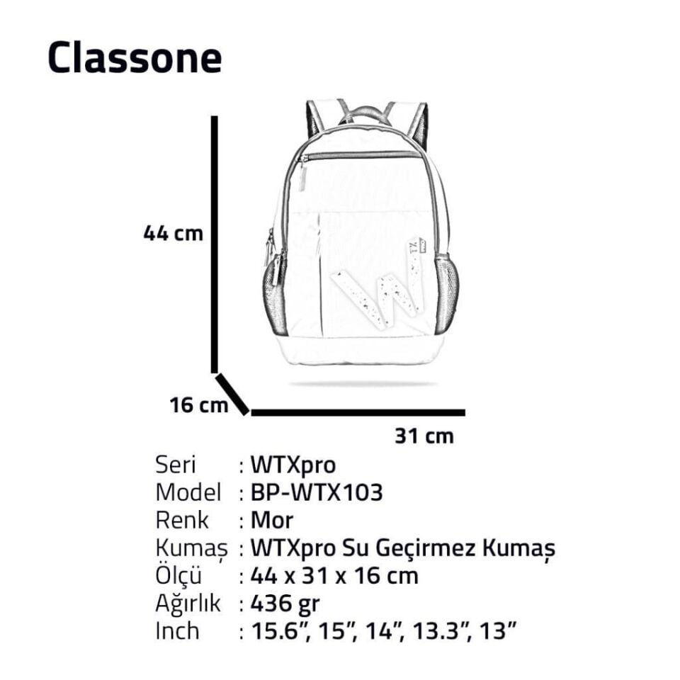 Classone BP-WTX103 Energy Serisi 15.6''Su Geçirmez Kumaş Laptop, Notebook Sırt Çantası Mor