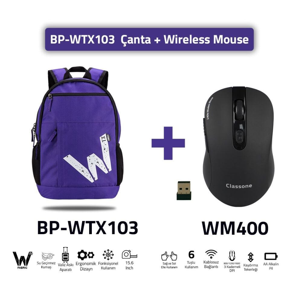 Classone BP-WTX103 Wtxpro Su Geçirmez Kumaş 15.6'' Laptop Notebook Sırt Çantası + Kablosuz Mouse