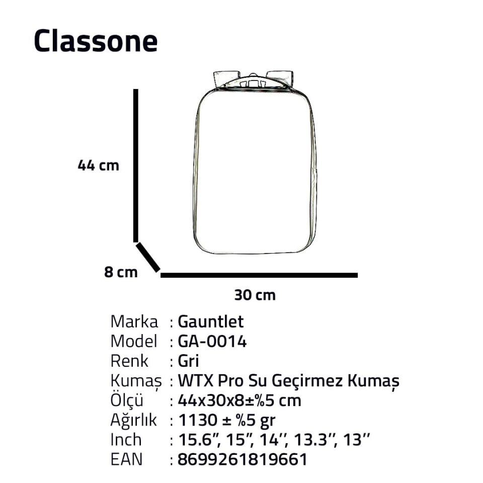 Classone GA-0014 Gauntlet Sert Kabuk Serisi 15.6 inch WTX Pro Su Geçirmez Kumaş Laptop Çantası