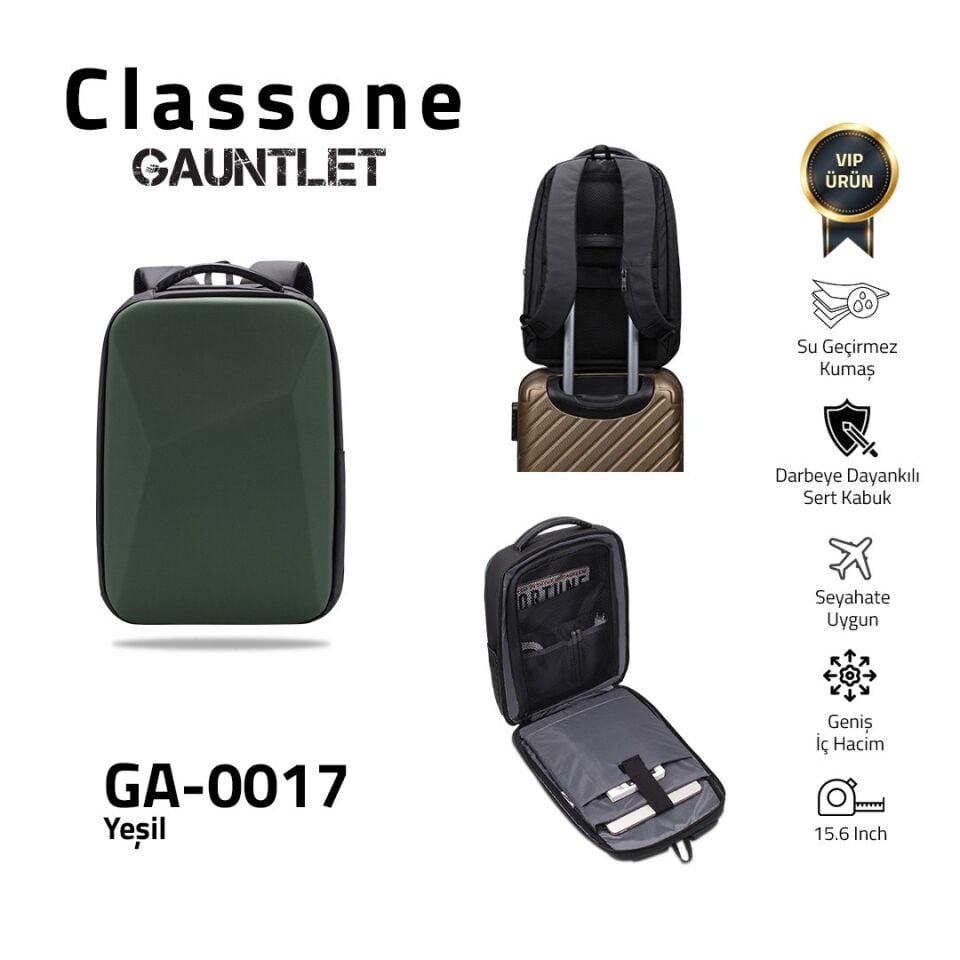 Classone GA-0017 Gauntlet Sert Kabuk Serisi 15.6 inch WTX Pro Su Geçirmez Kumaş Laptop Çantası Yeşil