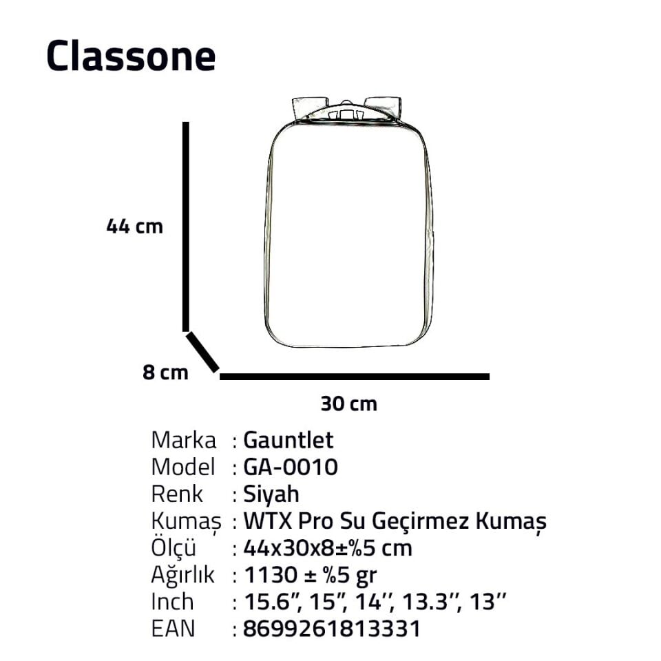 Classone GA-0010 Gauntlet Sert Kabuk Serisi 15.6 inch WTX Pro Su Geçirmez Kumaş Laptop Çantası Siyah