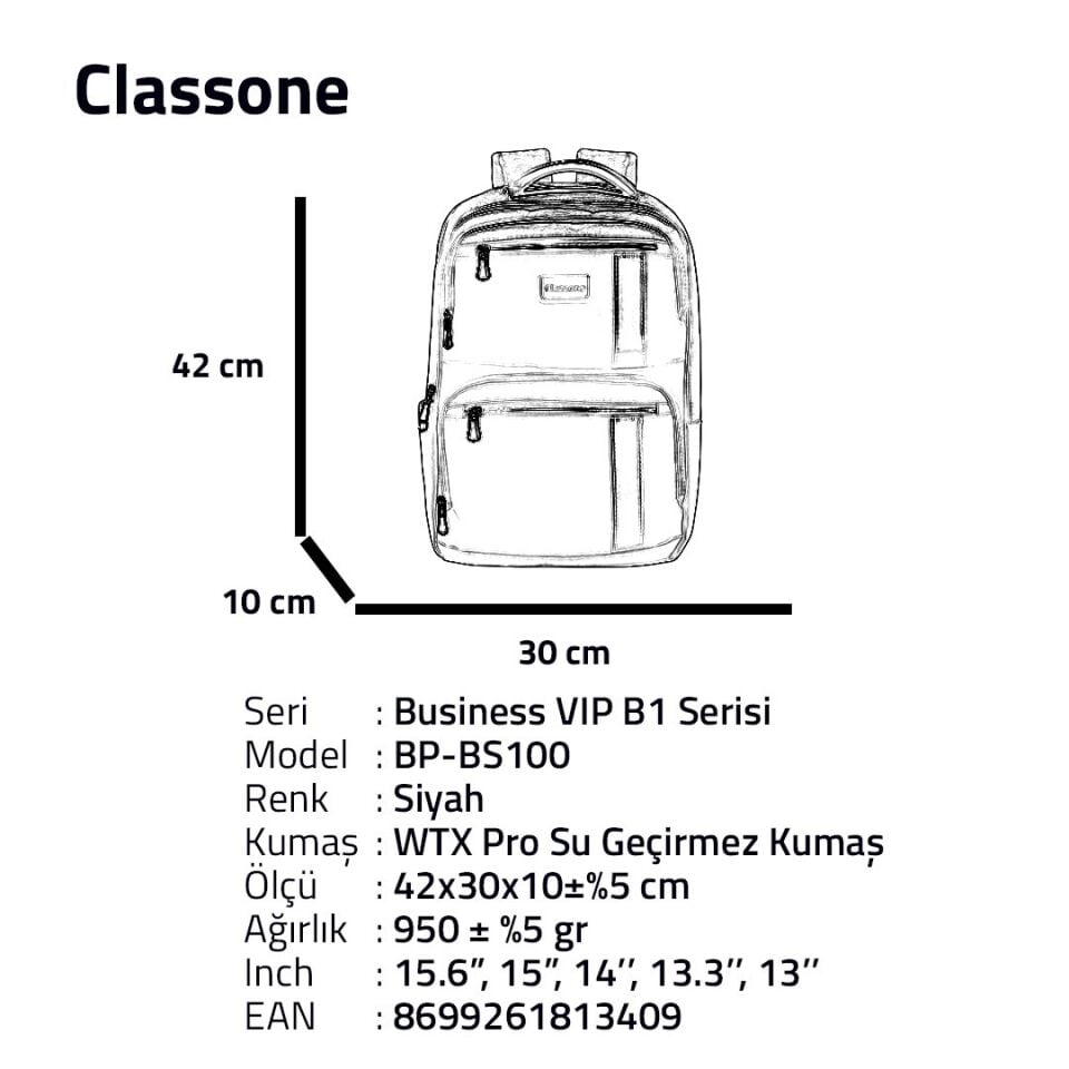 Classone BP-BS100 Business VIP B1 - Serisi 15.6' WTX Pro Su Geçirmez Kumaş Laptop Sırt Çantası-Siyah