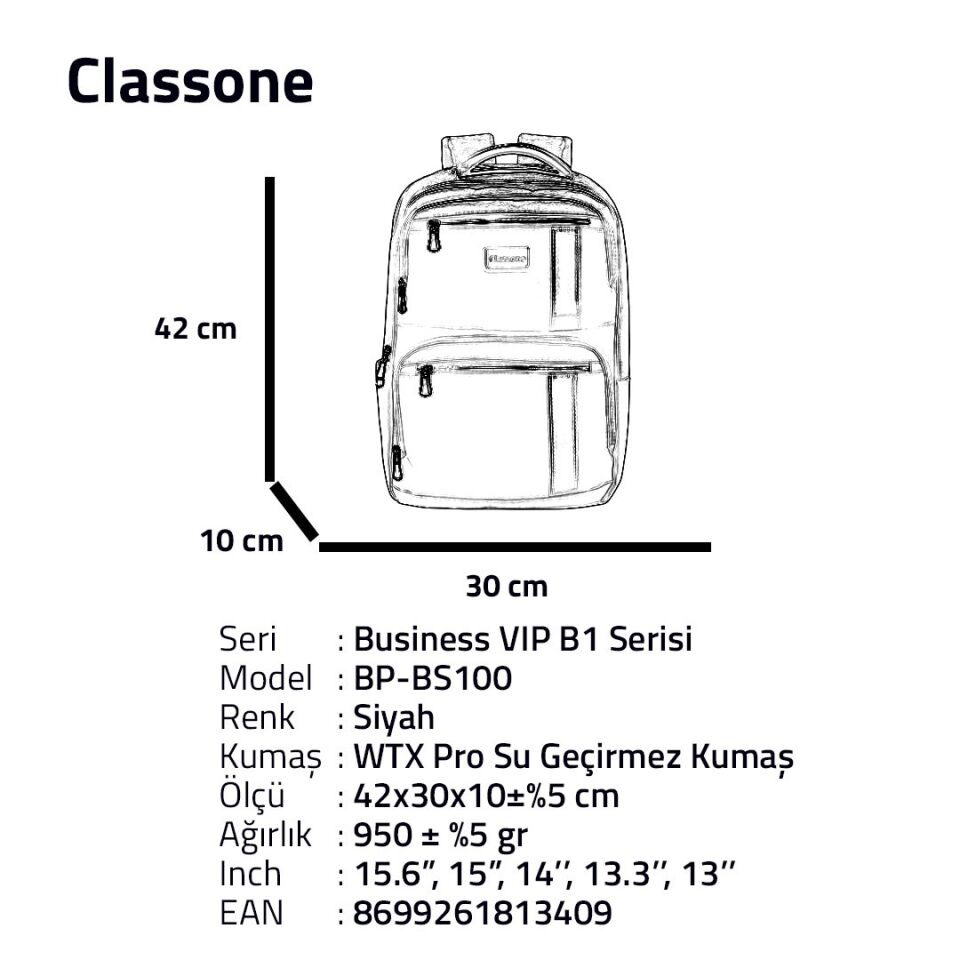 Classone BP-BS100 Business VIP B1 - Serisi 15.6' WTX Pro Su Geçirmez Kumaş Laptop Sırt Çantası-Siyah