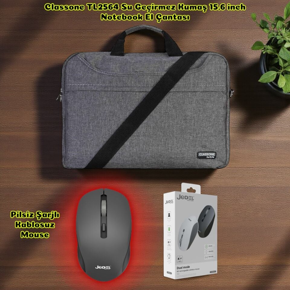 Classone TL2564 15,6''Notebook El Çantası-Gri + Kablosuz Mouse