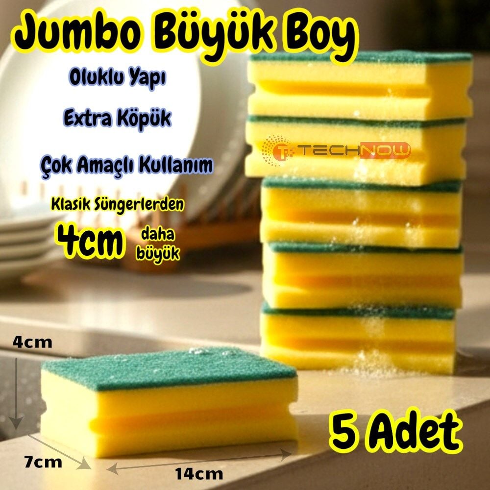 Technow Jumbo Büyük Boy Vip Kaliteli 14 x 7 cm Oluklu Bulaşık Süngeri 5 Adet