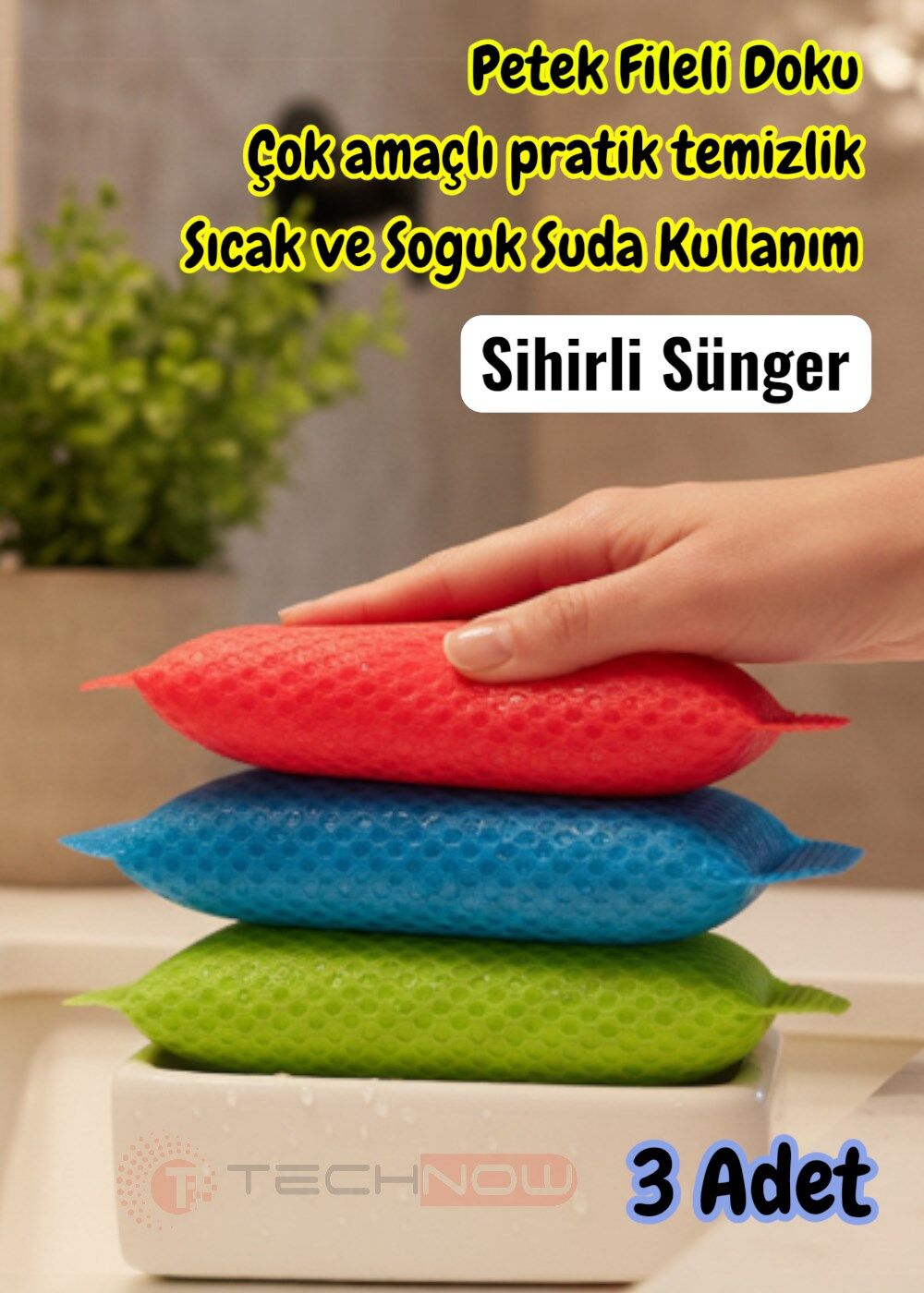 Technow Petek Dokulu Fileli Pratik Temizlik ve Bulaşık Süngeri Renkli  3 Adet