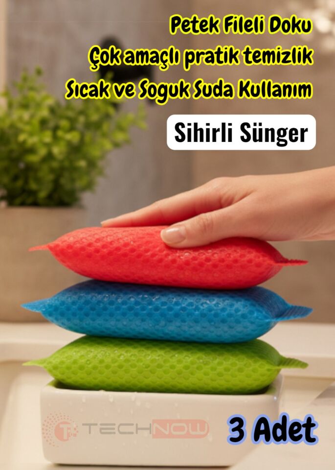 Technow Petek Dokulu Fileli Pratik Temizlik ve Bulaşık Süngeri Renkli  3 Adet