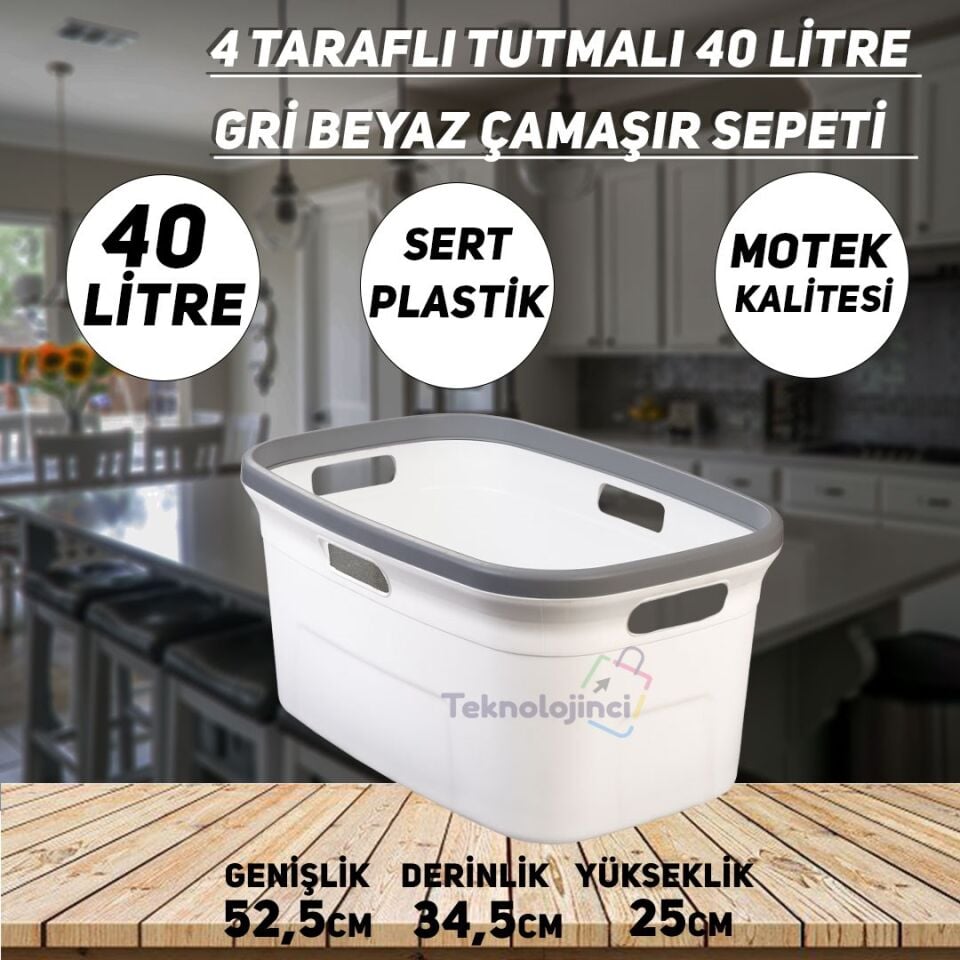 Technow Motek 4 Taraflı Tutulabilen Çamaşır Sepeti Selesi Beyaz Gri