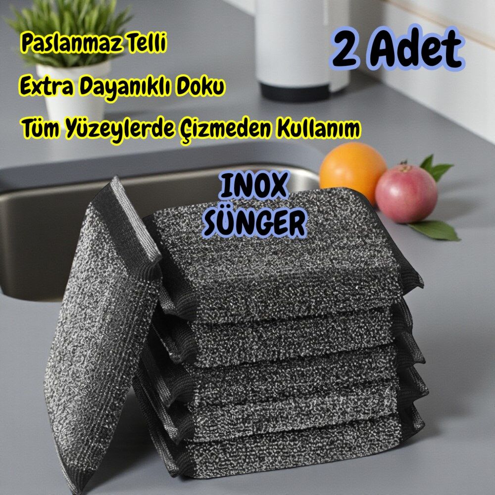 Technow Paslanmaz Çelik Sihirli Inox Yağ ve Kir Çözücü Tel Bulaşık Süngeri 2 Adet