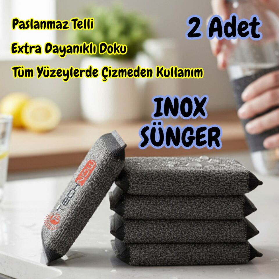 Technow Paslanmaz Çelik Sihirli Inox Yağ ve Kir Çözücü Tel Bulaşık Süngeri 2 Adet
