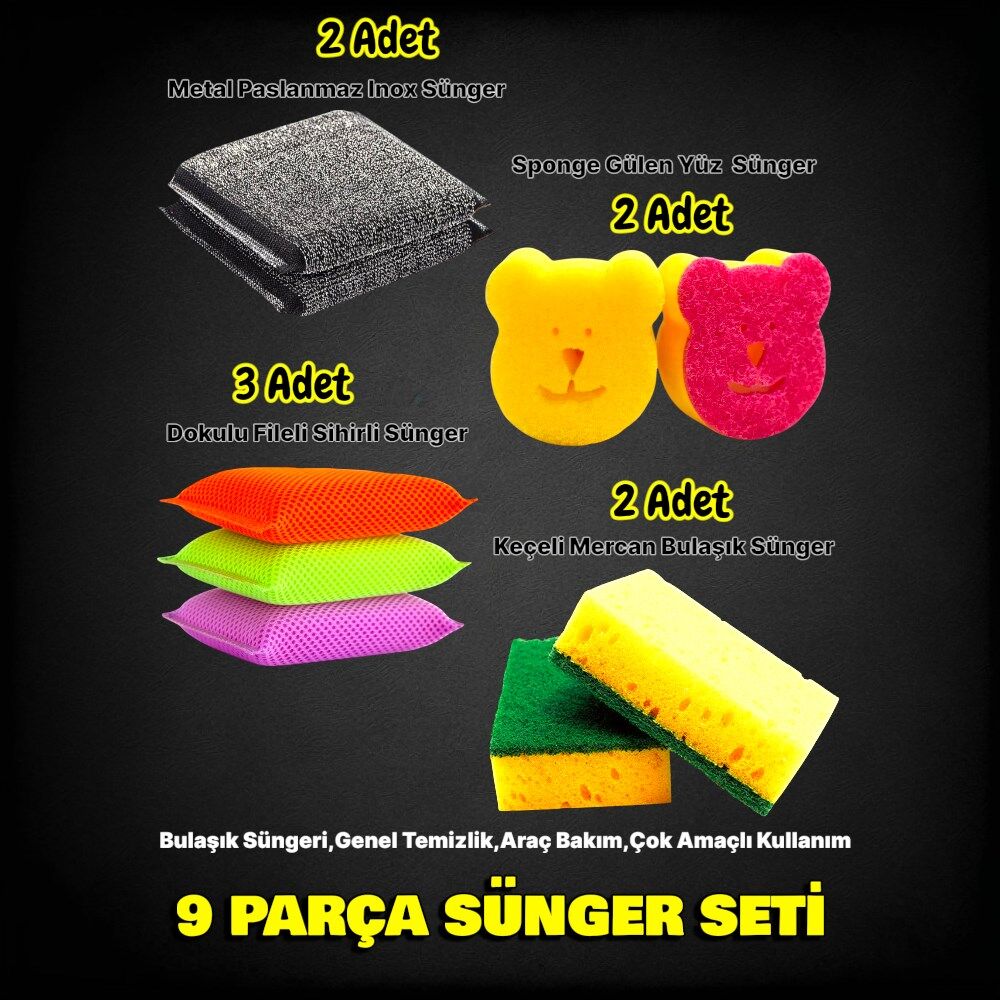 Technow 9 Parça Çok Amaçlı Genel Kullanım Mutfak Bulaşık Süngeri Yıkama Seti